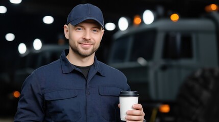 A man in a blue shirt and hat is holding a coffee cup