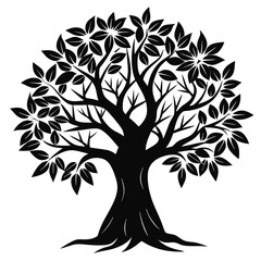 Obraz premium A stylized black tree silhouette shows branches reaching toward the sky with dense foliage