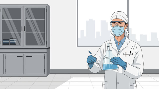 Professional chemist wearing protective gear while analyzing a blue solution during research and development in a modern lab
