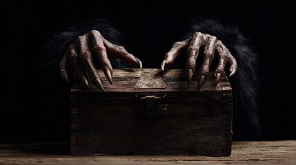 Scary monster hands with sharp claws reaching for an antique wooden chest in the darkness, symbolizing fear, danger, and the unknown being unleashed from a forbidden container