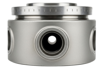 Industrial steel cylinder component with metallic texture and side openings isolated on transparent background