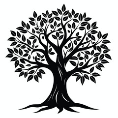 A silhouette tree with full foliage stands prominently against a stark white backdrop