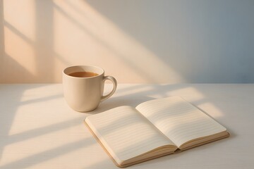 A Warm Cup of Tea and an Open Journal Bathed in Soft Sunlight on a Desk