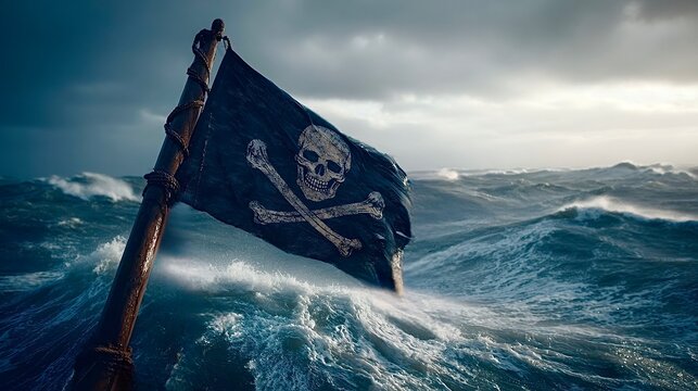 Jolly roger pirate flag flying on stormy sea - Powered by Adobe