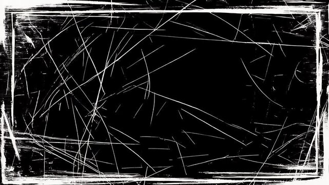 A black background with white scratches and a rectangular border.