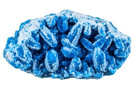 Macro shot of blue crystalline mineral cluster with sharp geometric formations isolated on transparent background