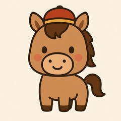 Fototapeta premium Charming and adorable cartoon horse illustration in a friendly style, wearing a traditional red hat, perfect for various children's educational materials and festive animal-themed designs