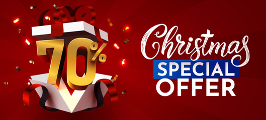 Christmas Special Offer banner with 70 discount from a gift box. Festive holiday promotion design. Vector illustration