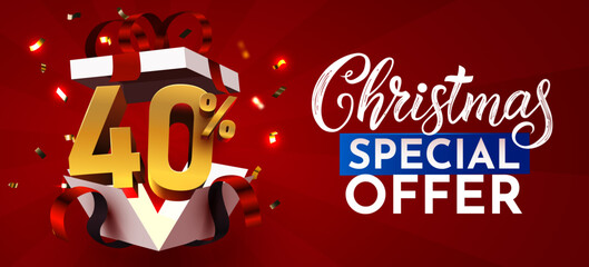 Christmas Special Offer banner with 40 discount from a gift box. Festive holiday promotion design. Vector illustration