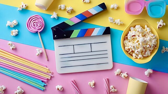 Movie night entertainment with colorful cinema accessories and snacks