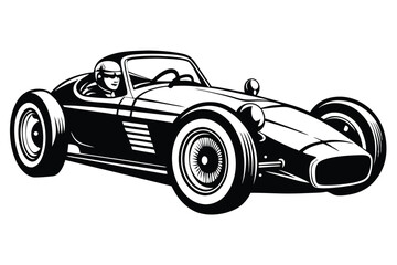 Obraz premium Monochrome drawing shows a racecar with a driver in a helmet and sunglasses ready