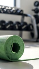 Rolled up green yoga mat with dumbbells in the background