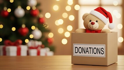 Christmas charity drive teddy bear in donation box festive backdrop