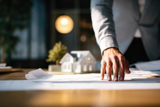 Professional architect analyzing blueprints on a wooden desk, with a miniature house model and greenery in the background, showcasing design and planning process
