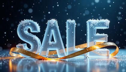 Glamorous promo design with ice SALE letters and golden ribbon, luxury winter sale theme