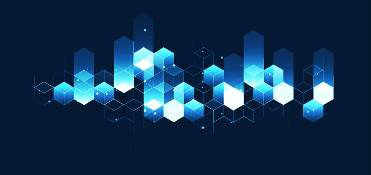 Technology background. Big data visualization concept. Information artificial neural network. Abstract geometric background with isometric. Digital cube isometric on blue background.