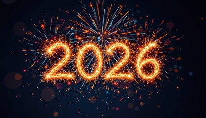Sparkling 2026 numbers formed by bright orange fireworks against a dark night sky