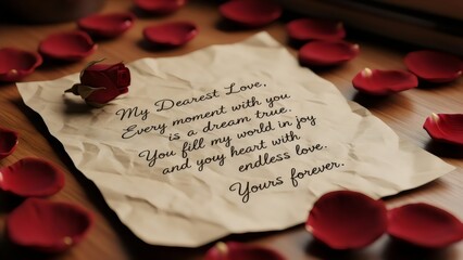 Romantic love letter with rose and scattered petals for heartfelt message conveys timeless emotion.