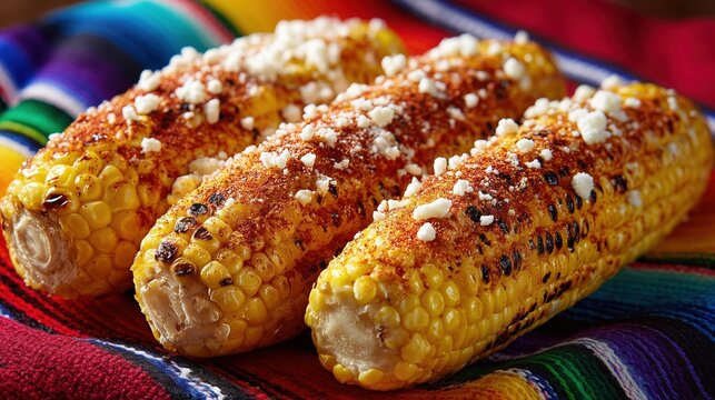 authentic Mexican elotes, grilled corn with cotija cheese, chili powder, lime, creamy sauce, charred kernels, realistic glossy texture, placed on colorful serape blanket pattern, vibrant stripes, trad