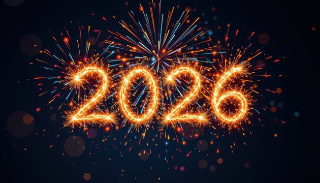 Sparkling 2026 numbers formed by bright orange fireworks against a dark night sky