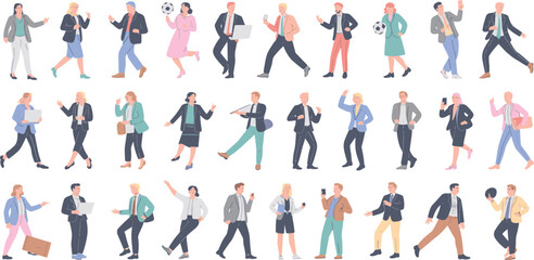 Collection of business people walking working using laptops phones diverse poses modern flat illustration set professional characters standing dynamic actions