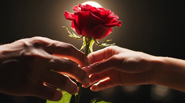 Romantic Gesture - Handing Over a Red Rose in Dramatic Lighting. - Powered by Adobe