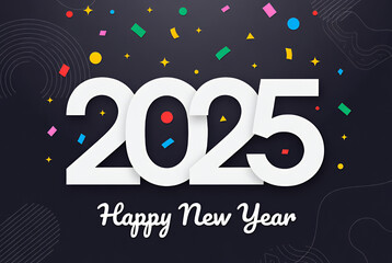 Bold New Year 2025 lettering surrounded by colorful confetti elements on a dark background, ideal for festive designs.