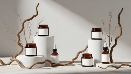 Elegant amber glass container mockup with white labels on a minimal display setting.