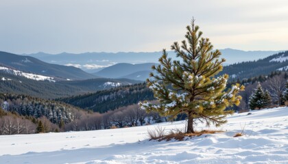 Obraz premium Solitary evergreen tree dusted with light snow on a bright winter hillside overlooking distant mountain ranges