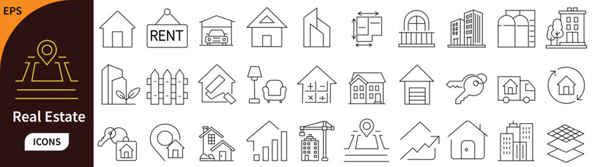 Real estate line icon set. Vector collection of house, building, rent, mortgage, home loan, apartment, and architecture symbols.