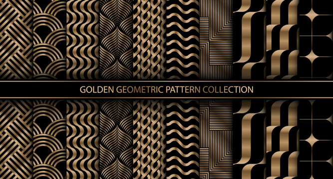  Luxury collection of seamless ornamental vector patterns and swatches. Black and gold geometric backgrounds. Golden pattern background set