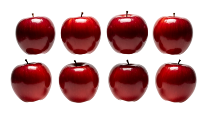 A neat arrangement of eight glossy red apples isolated on a clean white background, perfect for health and nutrition concepts