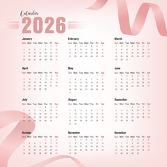 Elegant 2026 calendar design with soft pink tones, clean layout, and decorative ribbon elements, perfect for planners, organizers, and minimalist stationery themes.