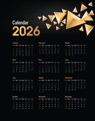 Elegant 2026 calendar design featuring gold geometric shapes on a dark background, creating a modern and luxurious layout perfect for branding and print