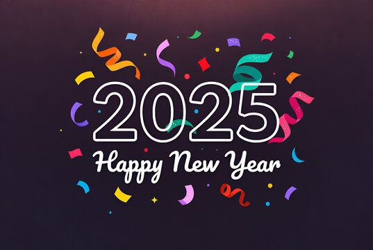 Vibrant 2025 illustration decorated with colorful streamers and confetti on a dark festive background.
- Powered by Adobe