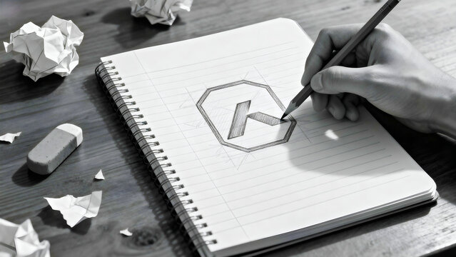 Designer sketching logo on notebook