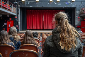 Students await performance at local theater in afternoon light with vibrant red curtains in the backdrop