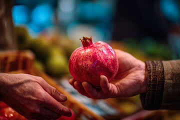 Hands exchanging a vibrant pomegranate in a bustling market, showcasing fresh produce and colorful fruits, highlighting the joy of healthy eating and community interaction
