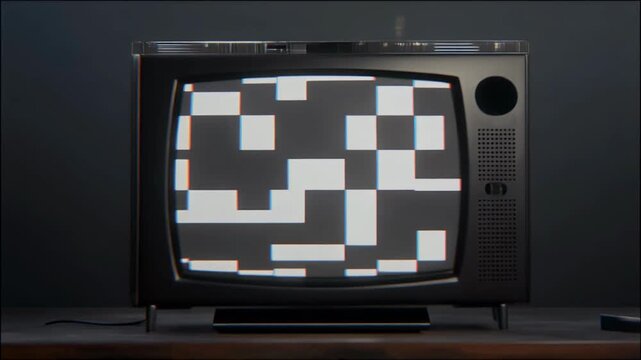 A retro television displaying a static screen with a chessboard pattern and chromatic aberration.
