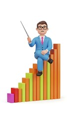 Cartoon Businessman Character Sitting on Growing Graph Presenting Increasing Success