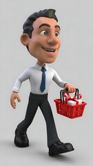 Cartoon businessman carrying shopping basket with gift boxes for holiday