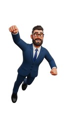 Cartoon Businessman Flying in Superhero Pose Wearing Glasses and Suit