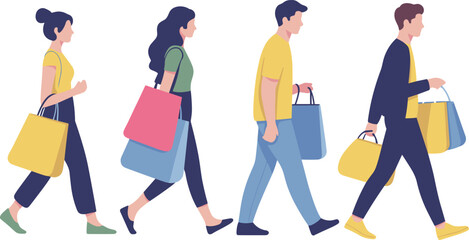 Group of people walking with shopping bags modern flat illustration shoppers carrying bags retail customers consumer lifestyle concept diversity