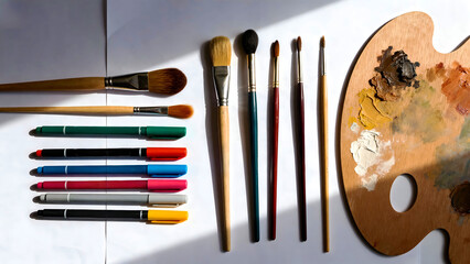 Flat lay of art supplies brushes, pens, palette