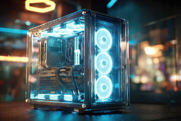 High-tech computer case with transparent design and glowing blue LED lights, showcasing modern technology and innovation in a stylish gaming environment