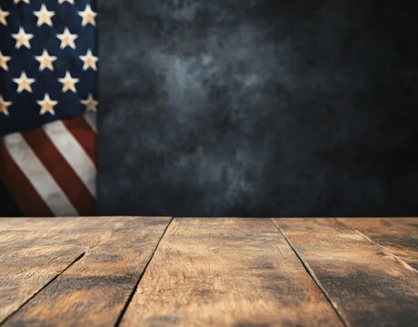 American flag providing a patriotic backdrop to a rustic wooden table, offering copy space for themes of USA pride and celebration