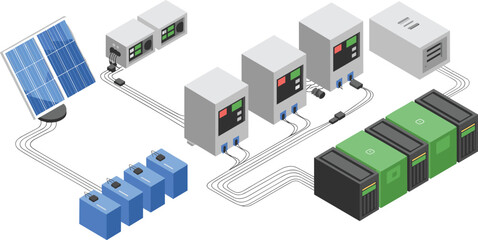 Isometric solar power system diagram with panels, inverters, charge controllers, batteries, energy storage units and renewable electricity distribution components
