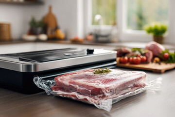 Vacuum-sealed meat package resting beside a modern vacuum sealer on a kitchen countertop, surrounded by fresh vegetables and herbs, showcasing food preservation techniques and culinary preparation