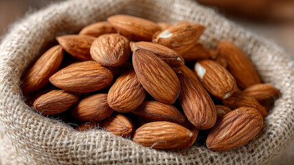 Almonds in a burlap sack, close-up view.