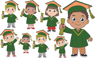 Cute diverse cartoon children celebrating graduation ceremony holding diplomas, joyful kids wearing caps and gowns, educational achievement milestone illustration design